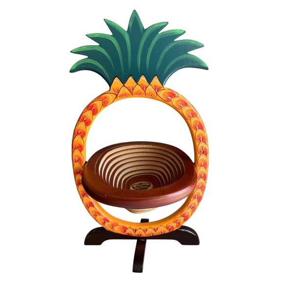 Hawaiian Magic Spiral Wooden Pineapple Collapsible Basket With Built In Stand - Picture 3 of 6